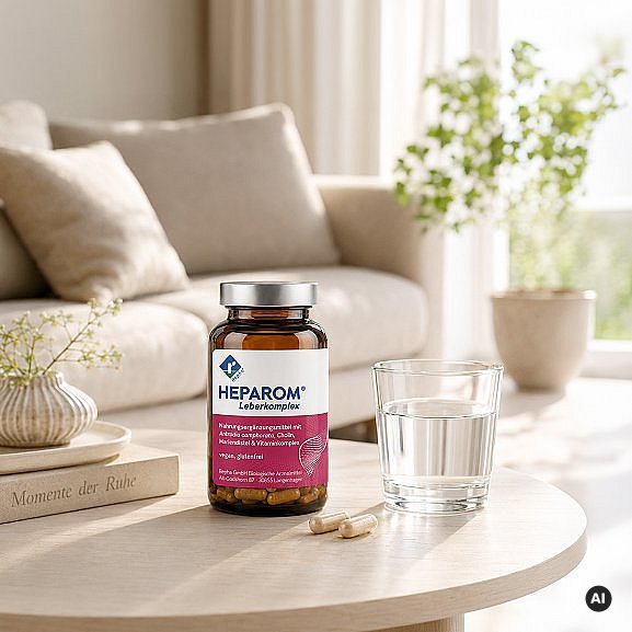 HEPAROM® Leberkomplex Glas HEPAROM® Leberkomplex Braunglasflasche, 2 Hartkapseln und ein Glas Wasser auf einem Couchtisch