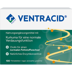 VENTRACID® Hier sieht man die Verpackung von VENTRACID. Das Nahrungsergänzungsmittel mit Kurkuma, Cholin und Enzymkonzentratien unterstützt die gesunde Verdauung, indem es die Funktionen von Leber, Galle und Darm fördert und einer Disharmonie im Verdauungstrakt entgegenwirkt.