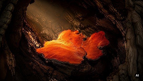 Antrodia camphorata – orange-roter Pilz, der im Inneren des Taiwan-Kampferbaums wächst. Antrodia camphorata – orange-roter Pilz, der im Inneren des Taiwan-Kampferbaums wächst.