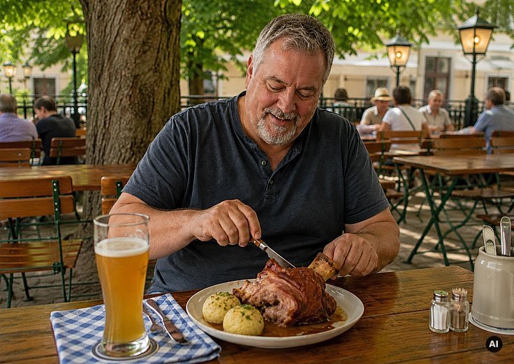 Ein Mann sitzt im Biergarten am Tisch und isst Haxe mit Knödeln und trinkt ein großes Bier dazu.