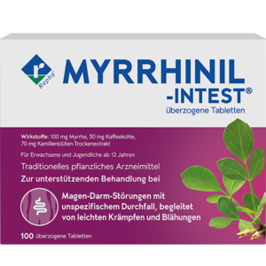 MYRRHINIL-INTEST® MYRRHINIL-INTEST® ist aufgrund seiner Dreifach-Wirkstoffkombination einzigartig: Myrrhe, Kaffeekohle und ein Trockenextrakt aus Kamillenblüten.