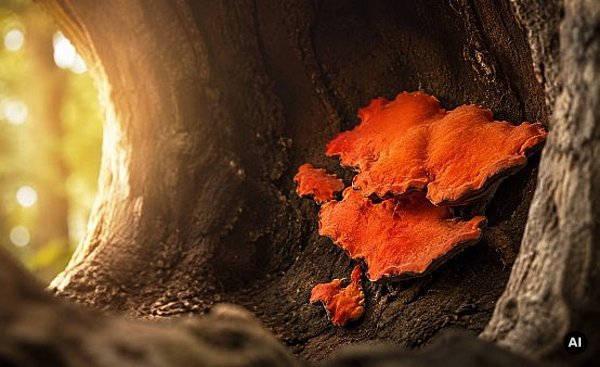 Hier sieht man den mit KI-generierten Pilz Antrodia Camphorata an einem Baum