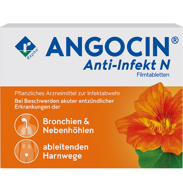 Hier sieht man eine Packung von ANGOCIN® Anti Infekt N. Das ist ein pflanzliches Arzneimittel aus Kapuzinerkresse und Meerrettich. Es wird bei Blasenentzündungen und Erkältungen eingesetzt.