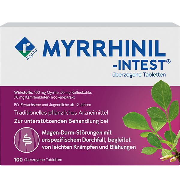 MYRRHINIL-INTEST® ist aufgrund seiner Dreifach-Wirkstoffkombination einzigartig: Myrrhe, Kaffeekohle und ein Trockenextrakt aus Kamillenblüten.